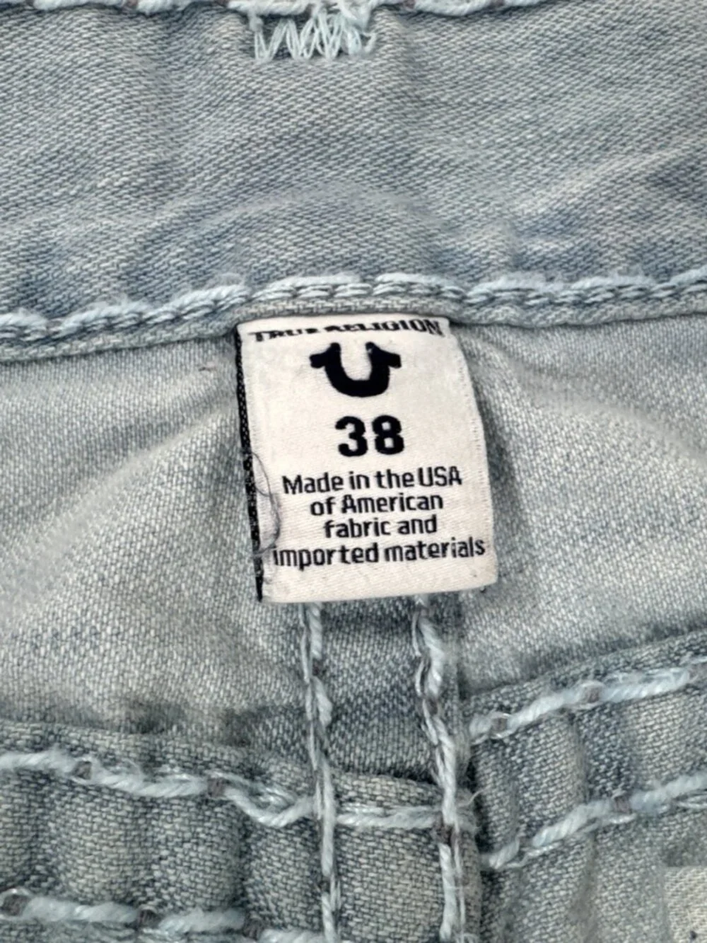 True Religion Jeans Mens 38x34 Ricky W Flap Relaxed Distressed Light Blue Holes